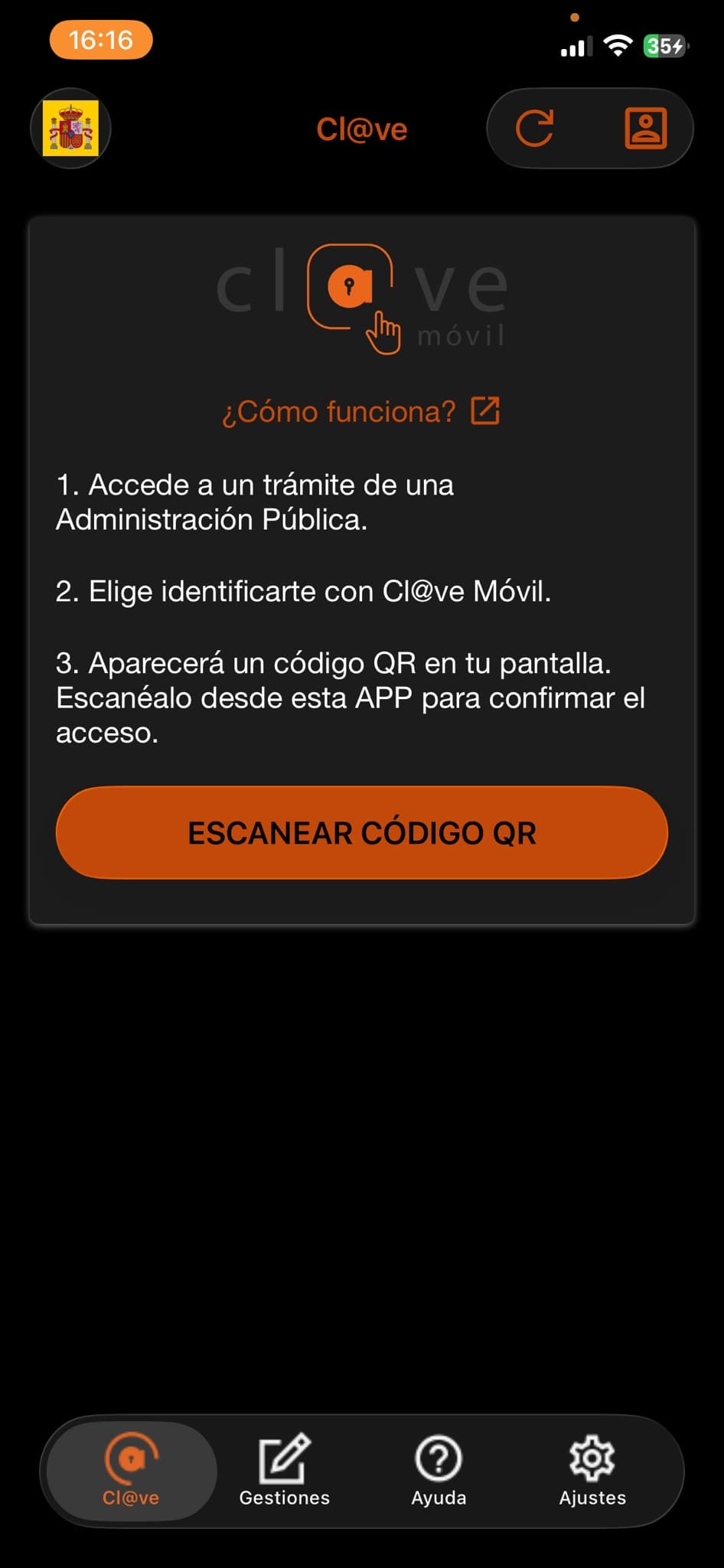 The Cl@ve app running on a mobile phone with the account active, ready to confirm authentication requests from Spanish government portals