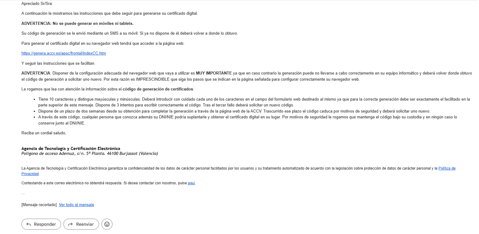 Email received from the FNMT during the digital certificate process, with a link and instructions to enter the request code and identity number. Personal data has been removed.