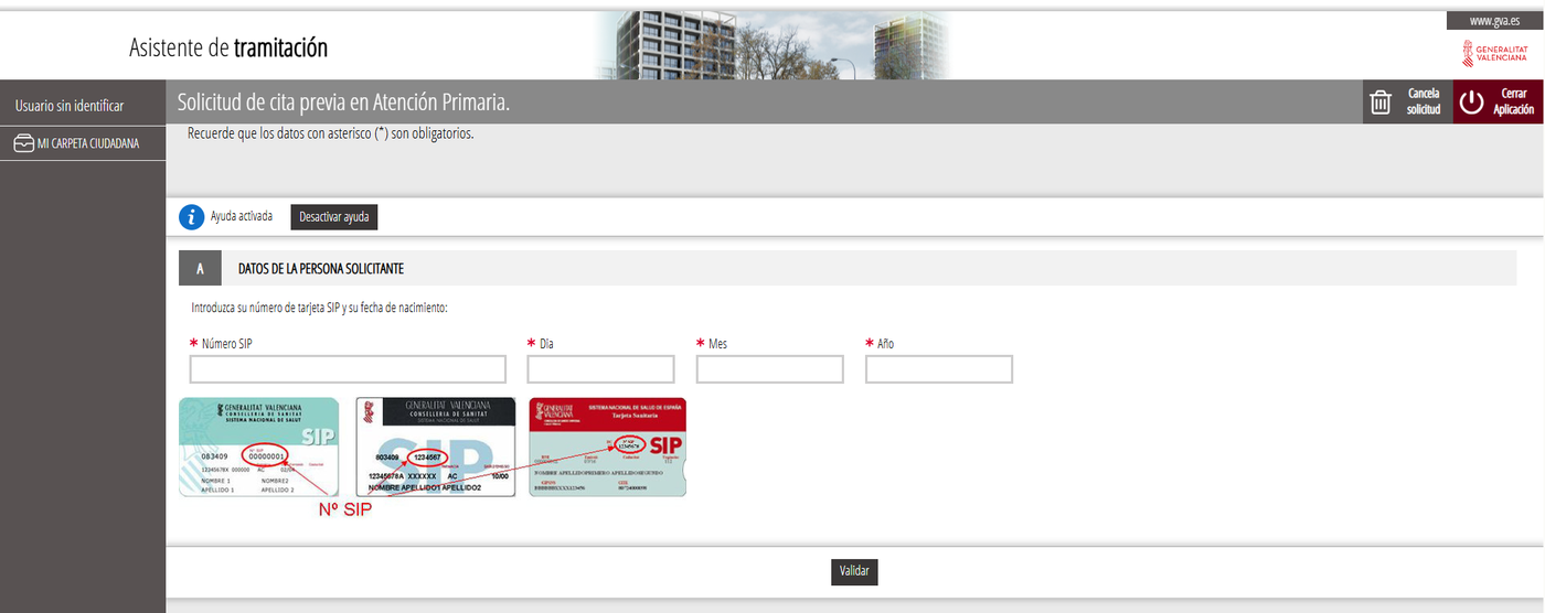 The Generalitat Valenciana online booking screen for primary care appointments, asking only for the SIP number and date of birth